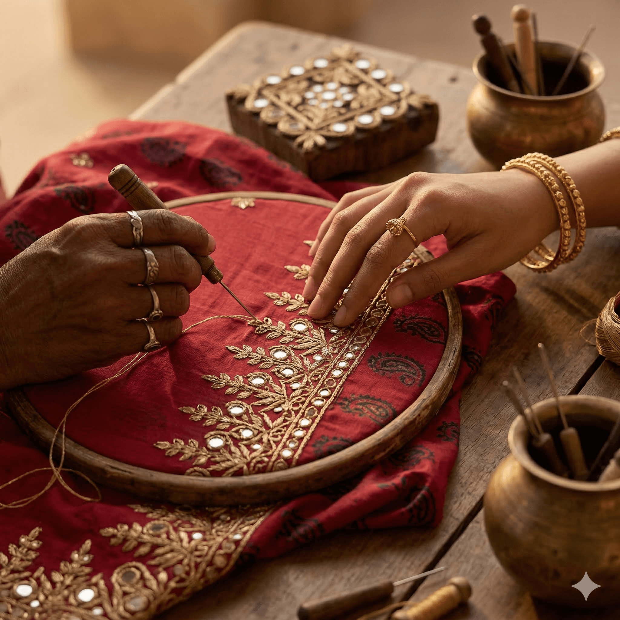 Artisan doing zari embroidery, the heart of Nivorah