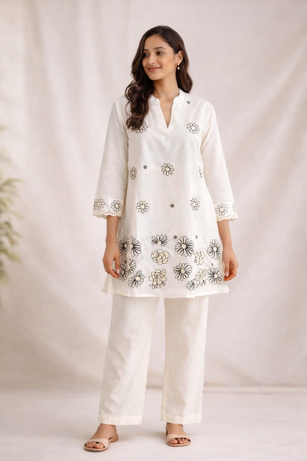 Cream with brown embroidery cord set